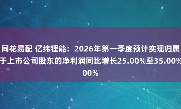 同花易配 亿纬锂能：2026年第一季度预计实现归属于上市公司股东的净利润同比增长25.00%至35.00%